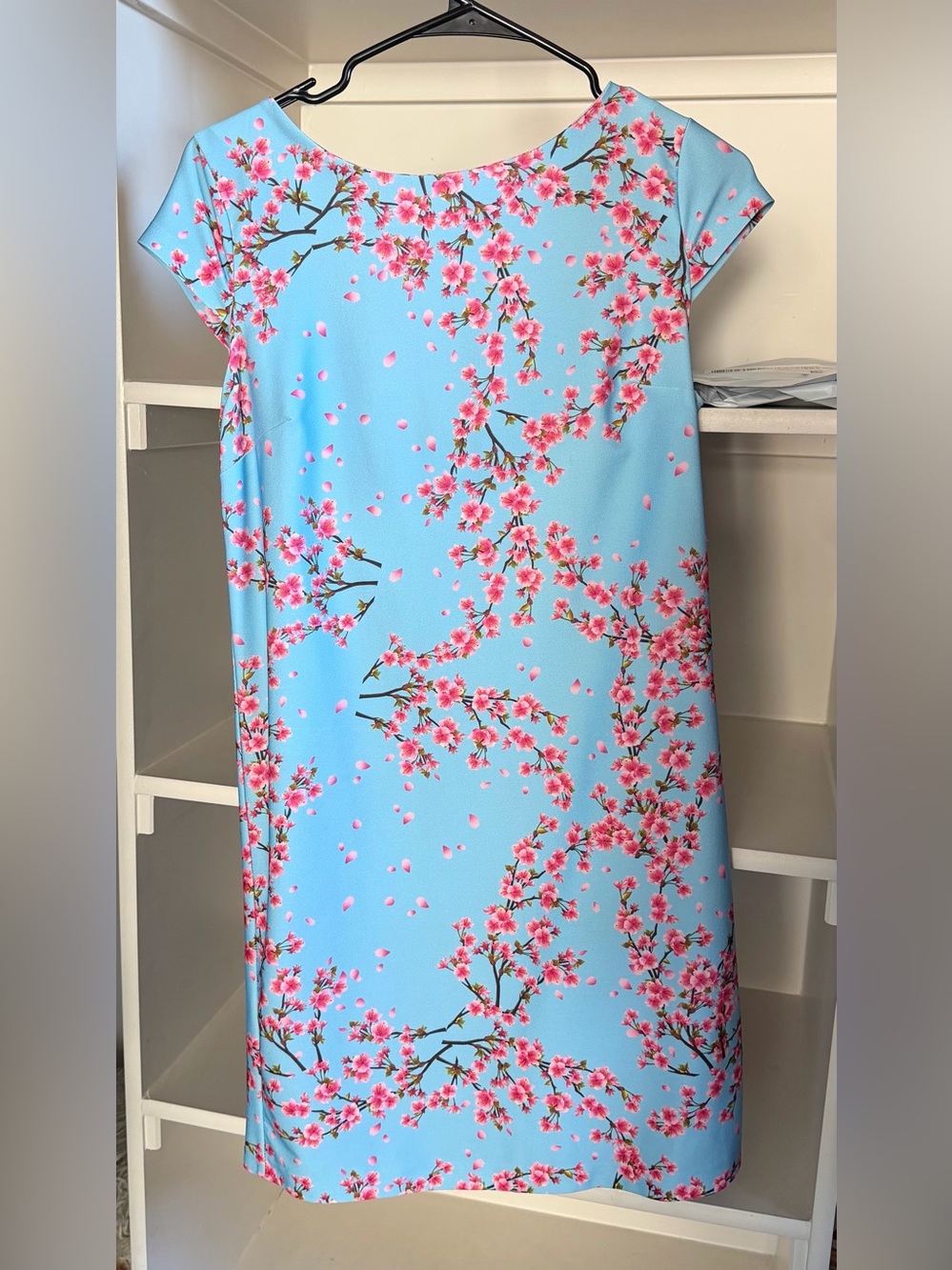 Sky Blue Cherry Blossom Shift Dress - Pink Floral Print